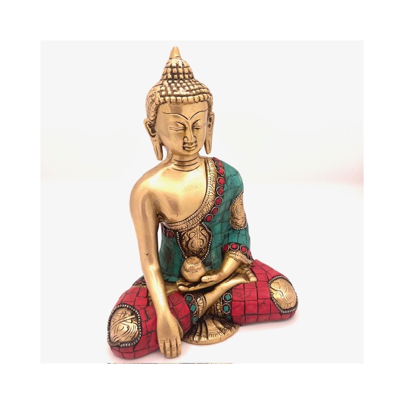 Statue Bouddha Shakyamuni Bronze et Pierres 18cm