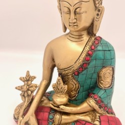 Statue Bouddha Medecine Bronze et Pierres 18cm
