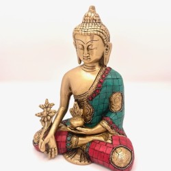 Statue Bouddha Medecine Bronze et Pierres 18cm