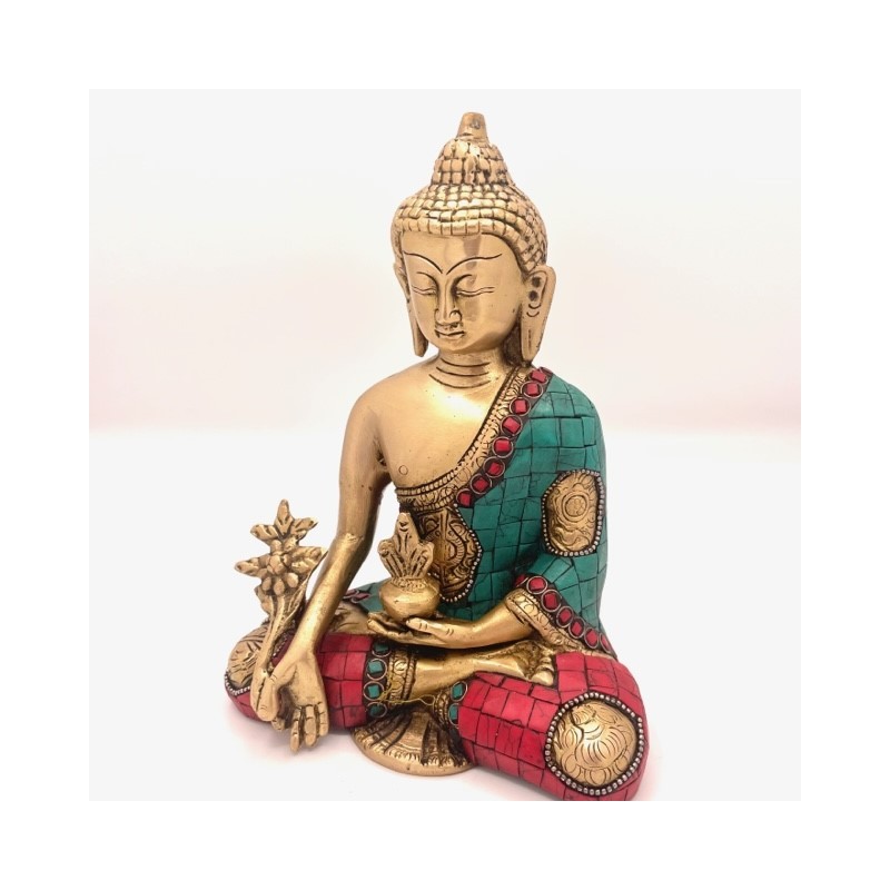 Statue Bouddha Medecine Bronze et Pierres 18cm