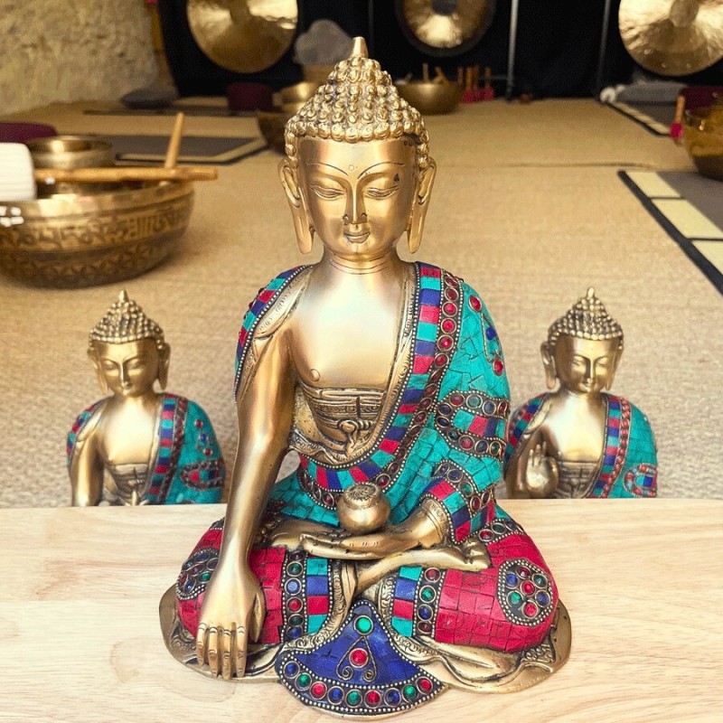 Statue Bouddha Shakyamuni Bronze et Pierres 27cm